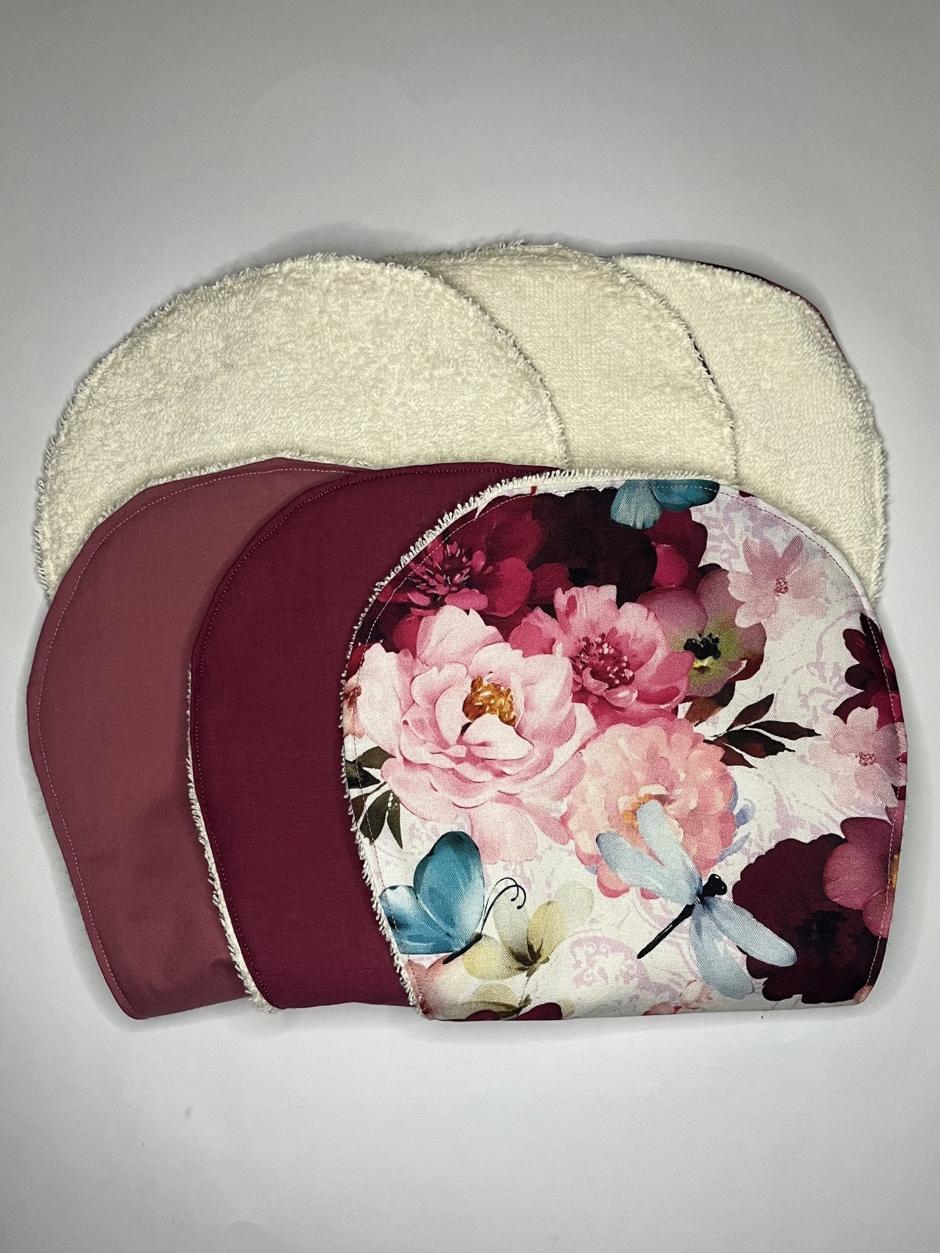 Set of Three Burp Cloths Maroon/Floral with Cream Coloured Backing